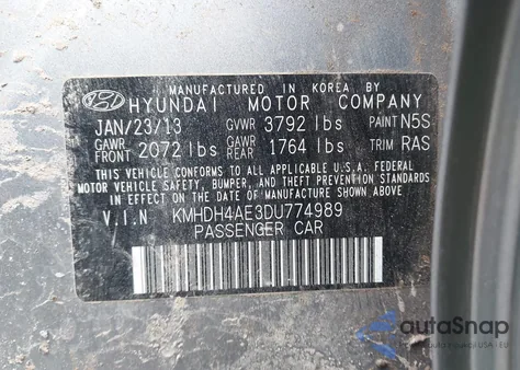 2013 Hyundai Elantra Gls z USA, uszkodzony, nr VIN KMHDH4AE3DU774989